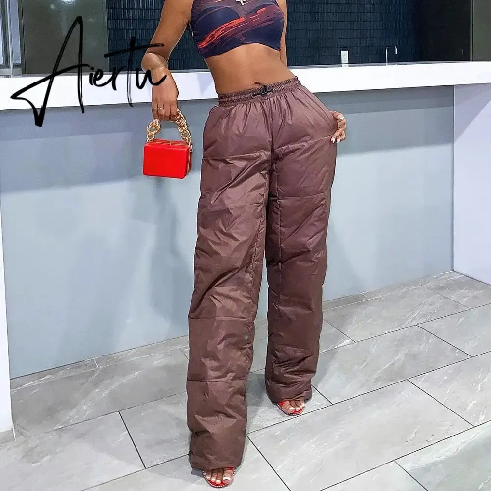 Sexy Streetwear Brown Wide Leg Pant Cargo Woman Cotton Padded Trouser Women Casual Warm Pants Autumn Winter