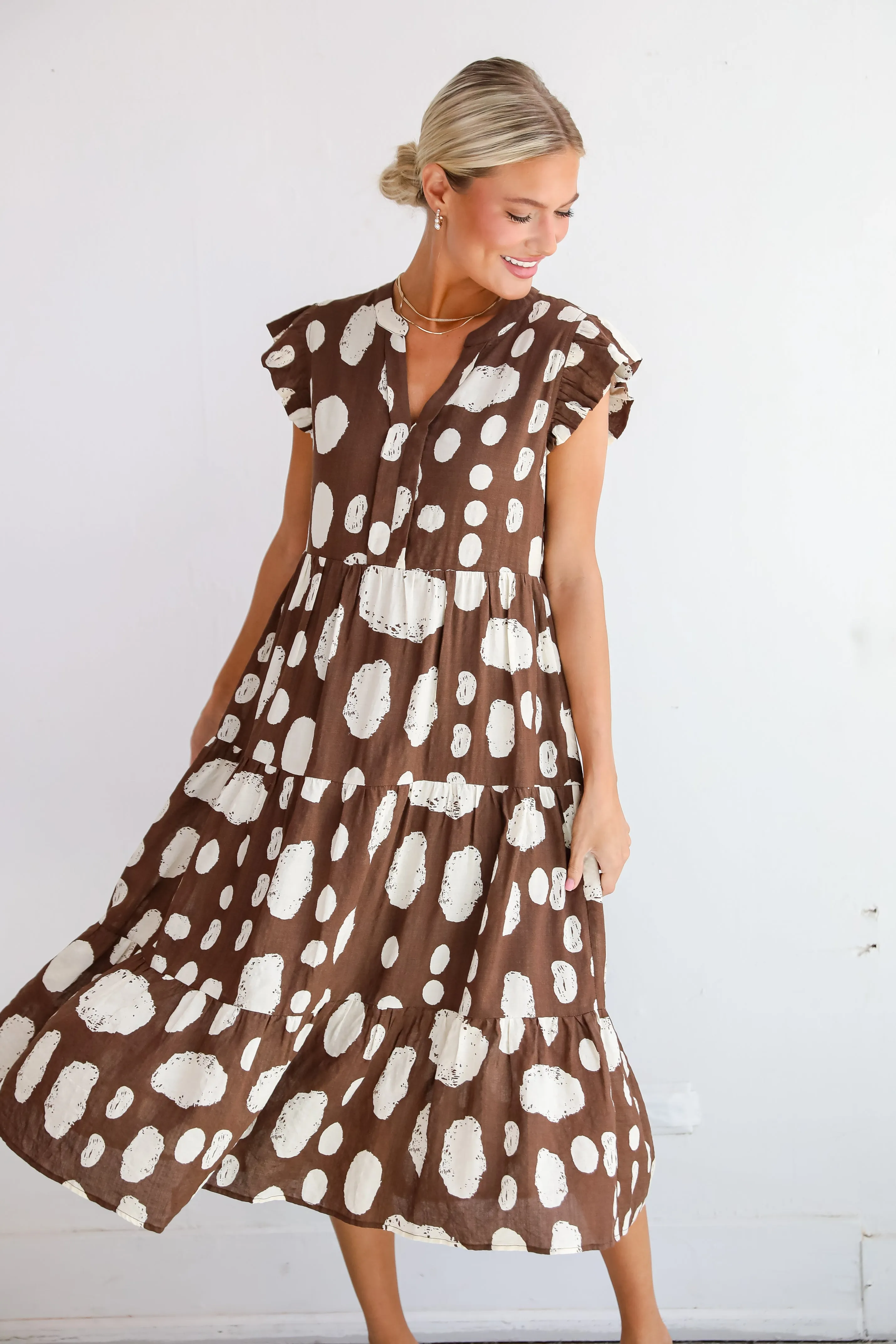 Simply Desirable Brown Dotted Tiered Midi Dress