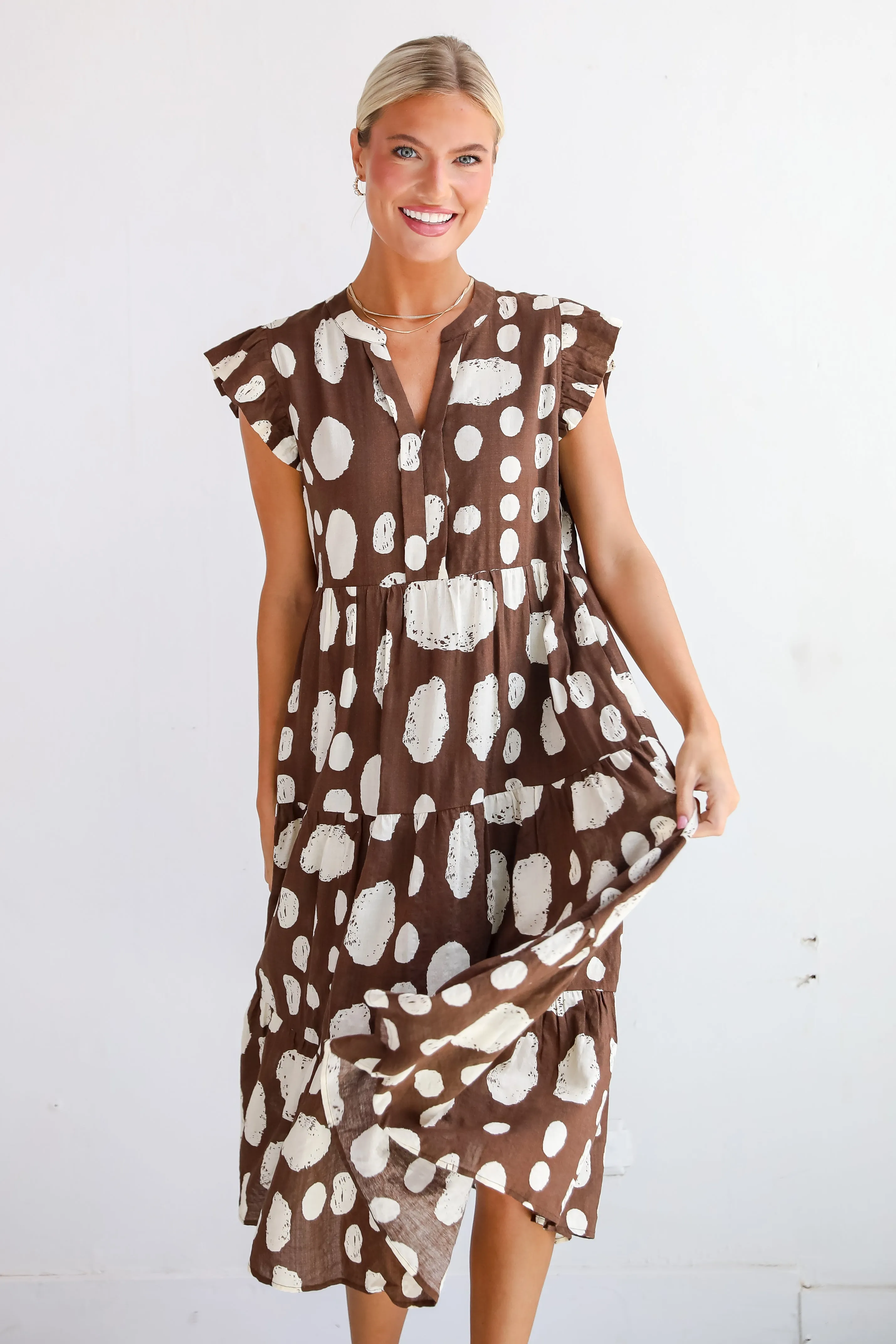 Simply Desirable Brown Dotted Tiered Midi Dress