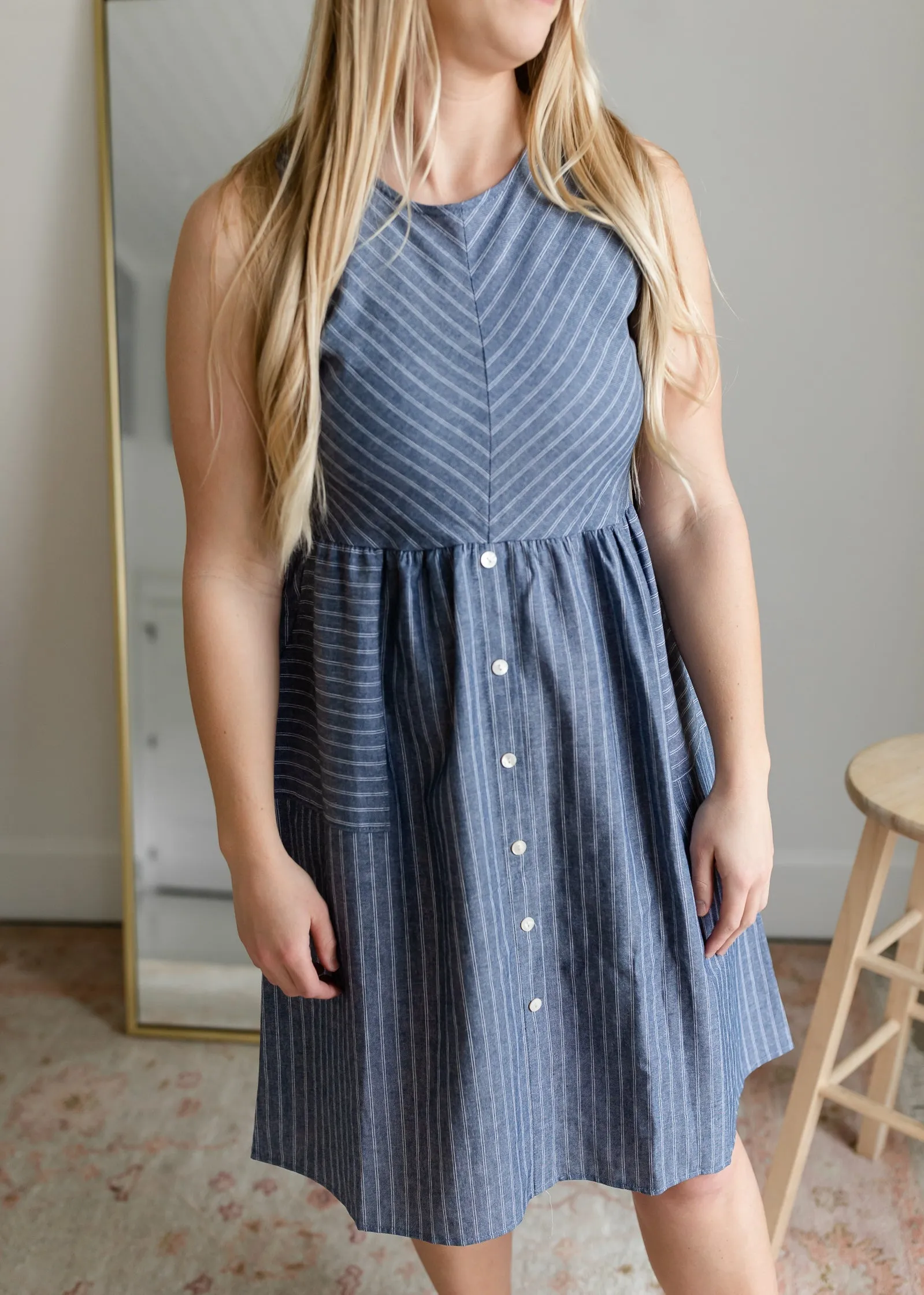 Sleeveless Front Pocket White & Navy Midi Dress - FINAL SALE