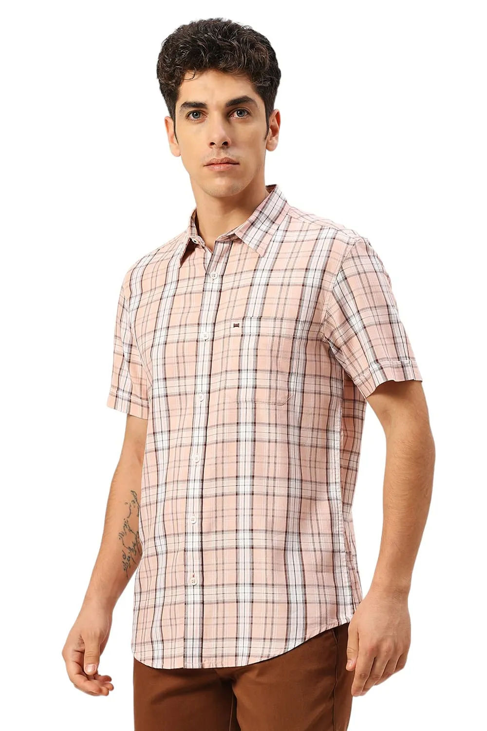 Slim Fit Cotton Tencel Twill Checks Halfsleeves Shirt