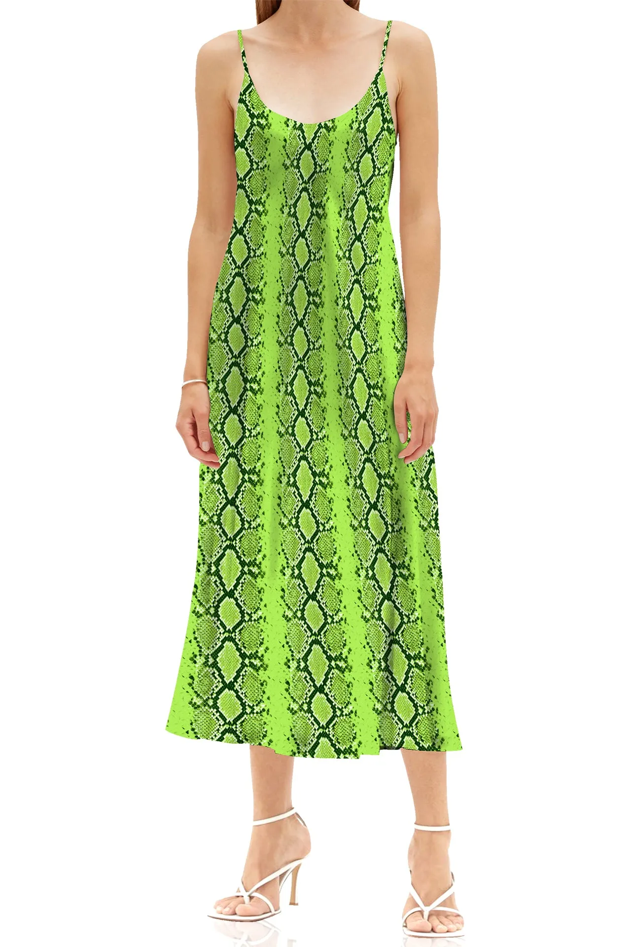 Snake Print Midi Slip Dress Made with Cupro Silk in Sharp Green