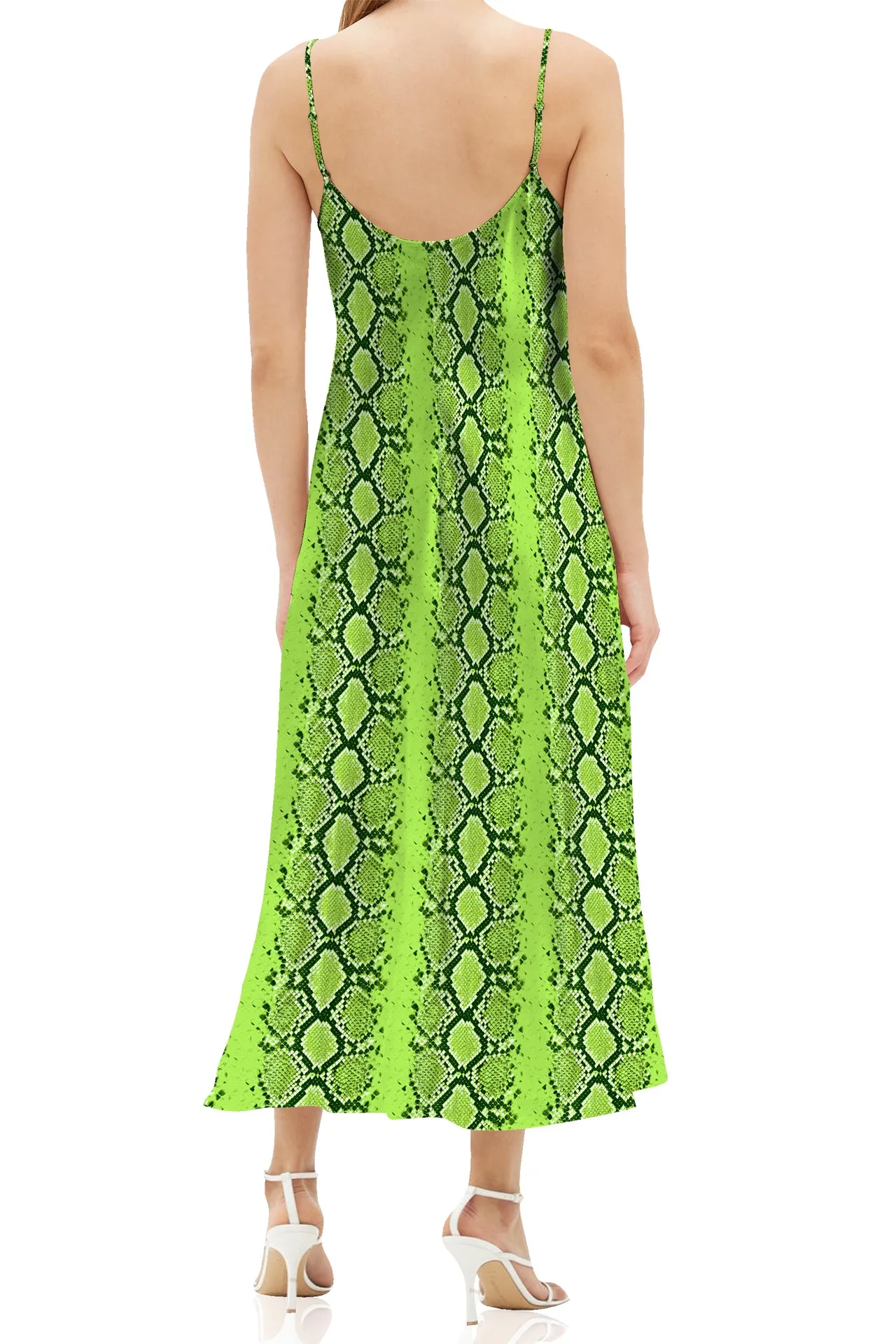 Snake Print Midi Slip Dress Made with Cupro Silk in Sharp Green