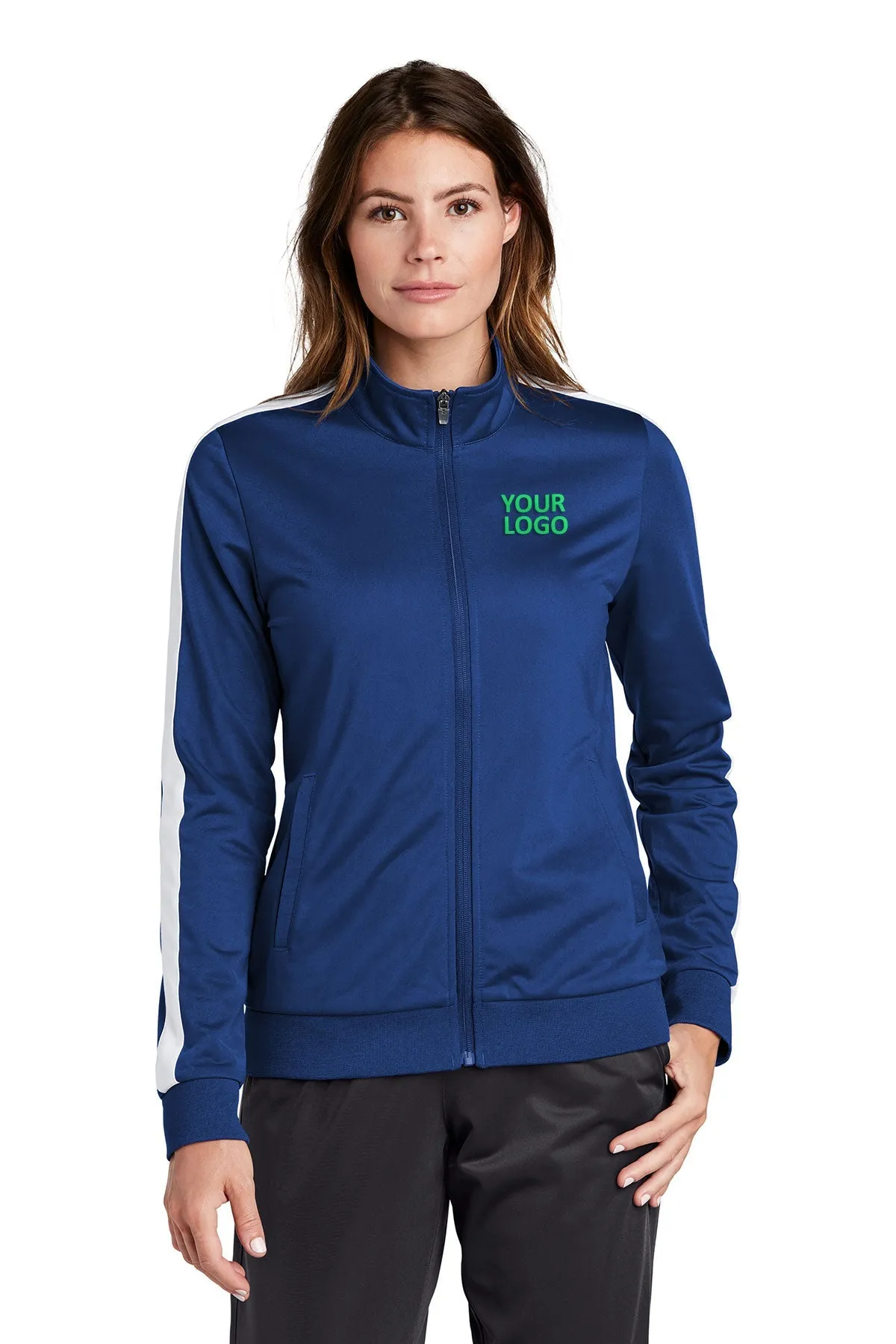 Sport-Tek Ladies Tricot Track Branded Jackets, True Royal/ White