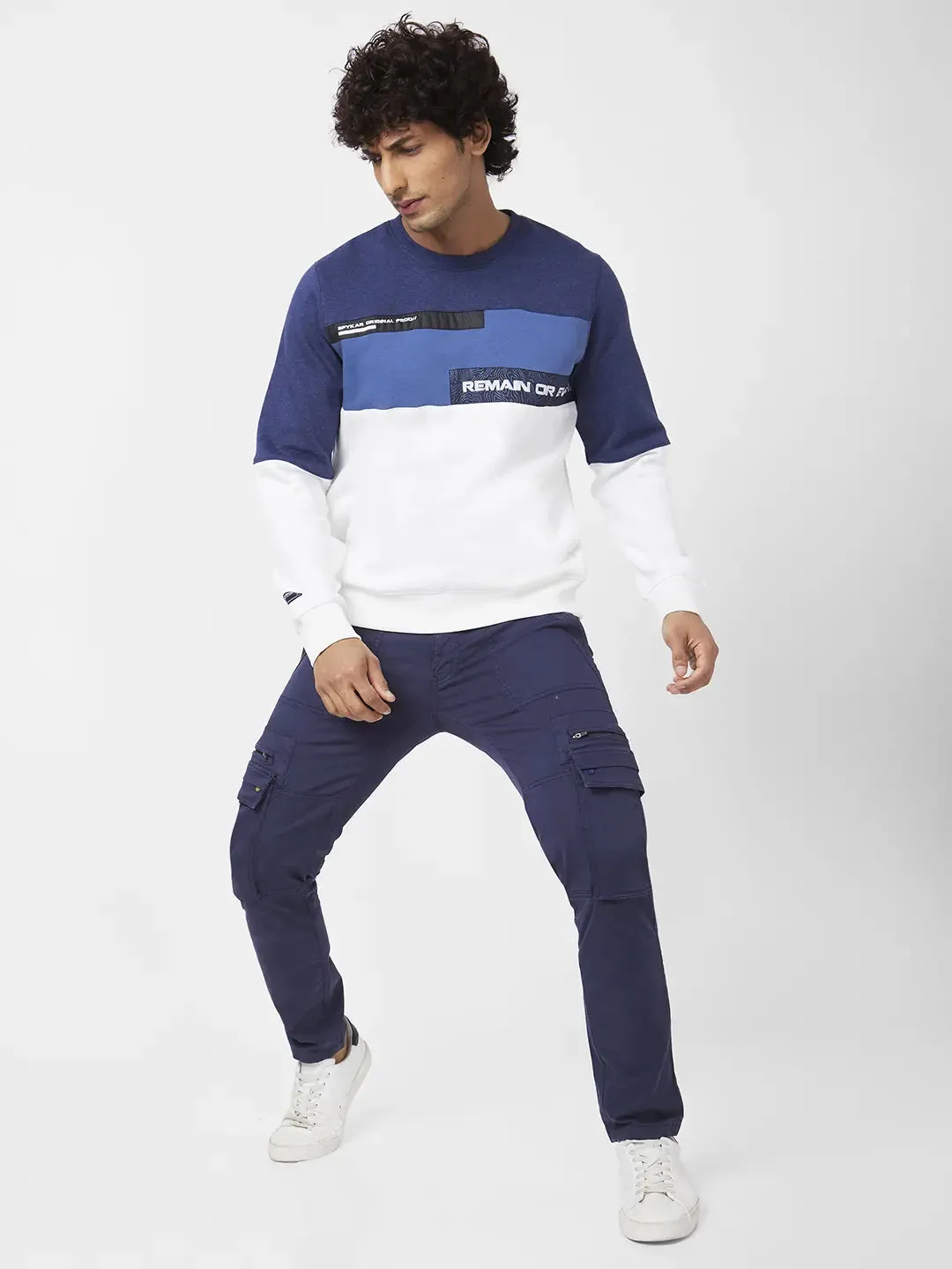 Spykar Men Indigo Blue Blended Slim Fit Full Sleeve Round Neck Colourblock Sweatshirt