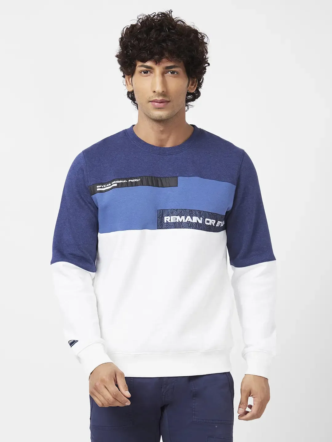 Spykar Men Indigo Blue Blended Slim Fit Full Sleeve Round Neck Colourblock Sweatshirt