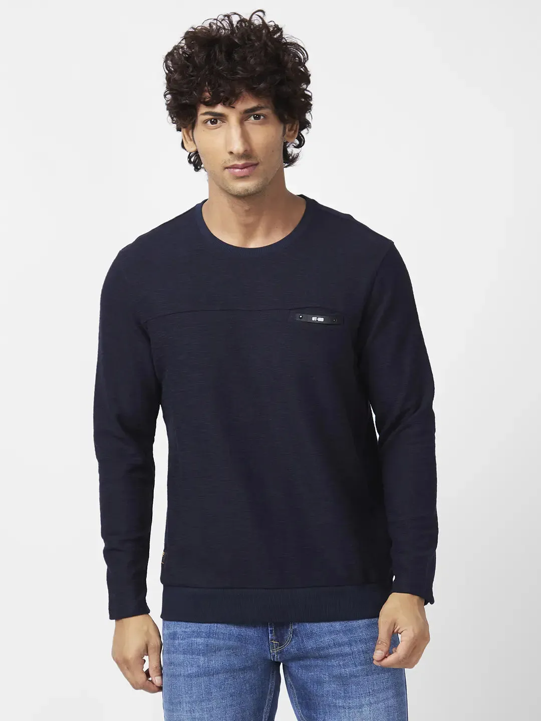 Spykar Men Indigo Blue Blended Slim Fit Full Sleeve Round Neck Plain Sweatshirt