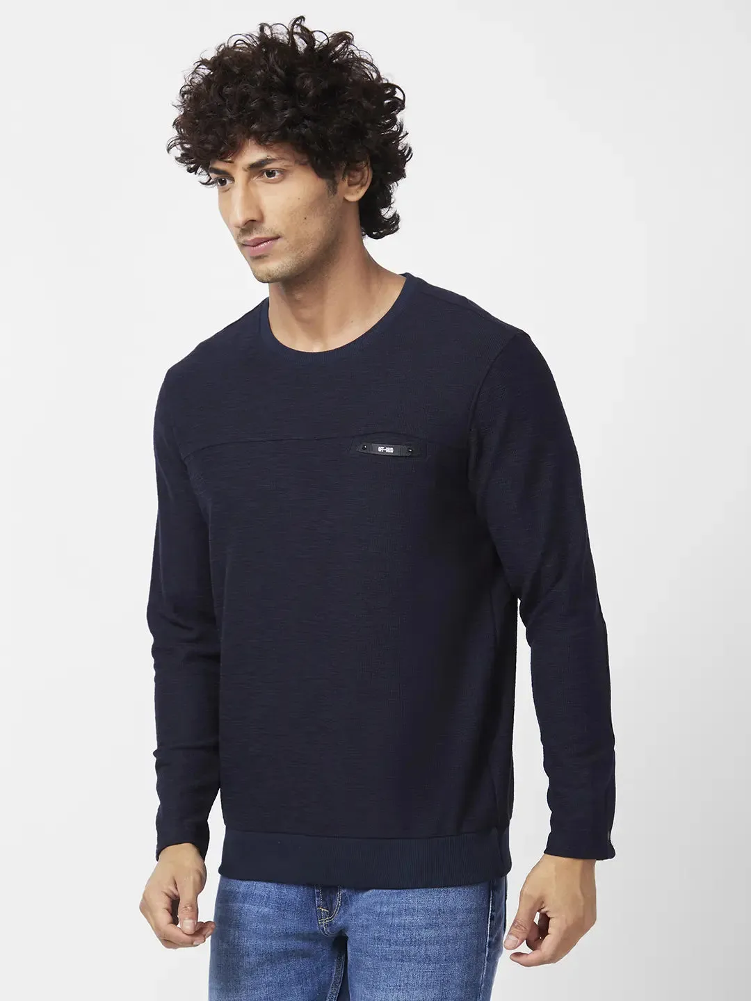 Spykar Men Indigo Blue Blended Slim Fit Full Sleeve Round Neck Plain Sweatshirt