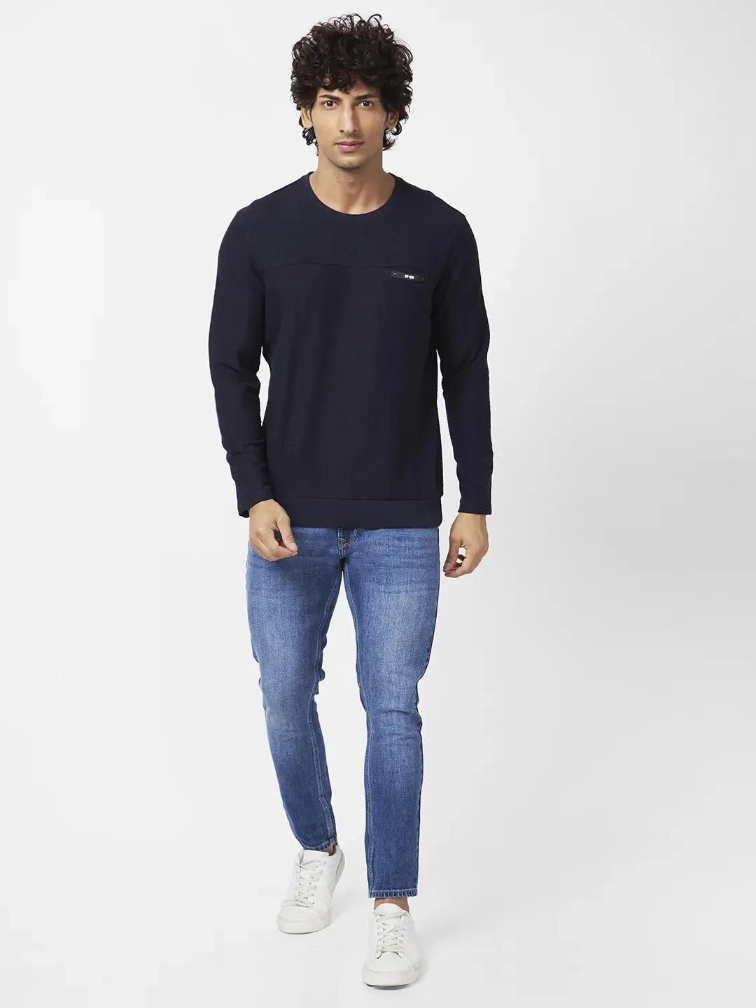 Spykar Men Indigo Blue Blended Slim Fit Full Sleeve Round Neck Plain Sweatshirt