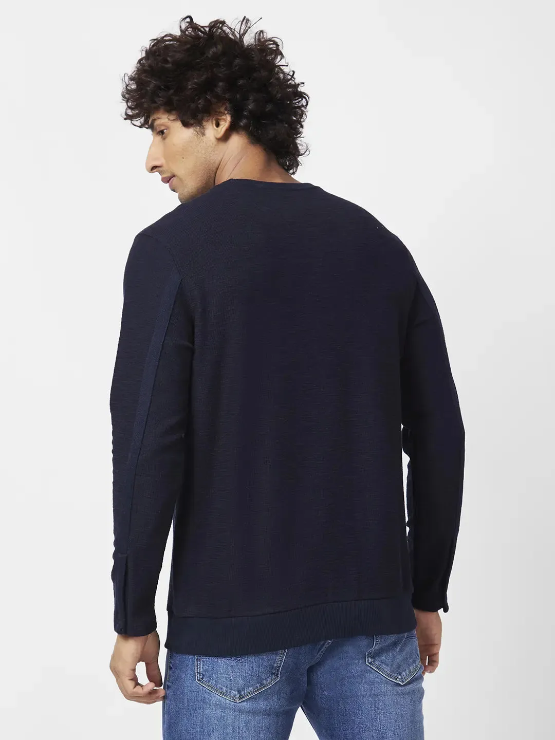 Spykar Men Indigo Blue Blended Slim Fit Full Sleeve Round Neck Plain Sweatshirt