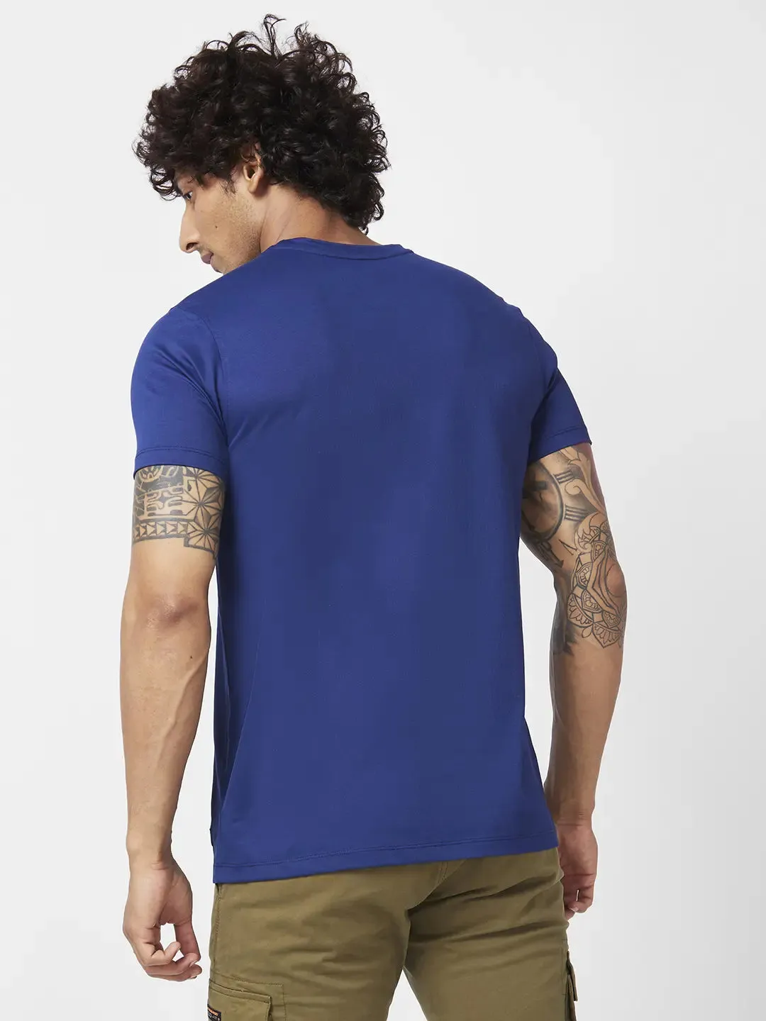 Spykar Men Indigo Blue Blended Slim Fit Half Sleeve Round Neck Printed Tshirt