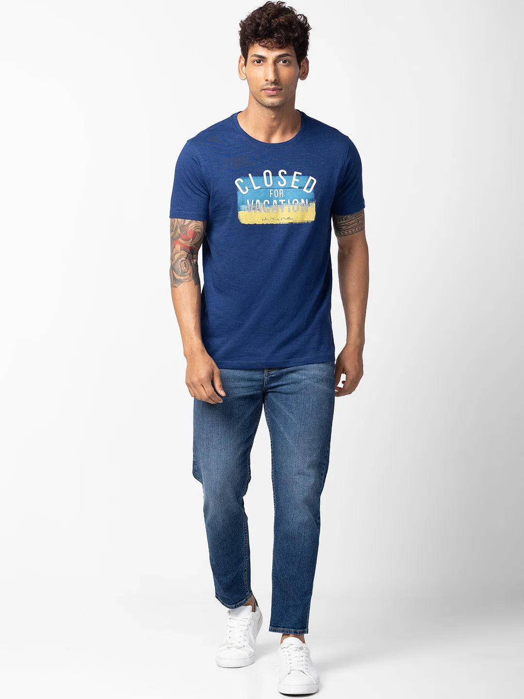 Spykar Men Indigo Blue Cotton Regular Fit Half Sleeve Printed T-Shirt