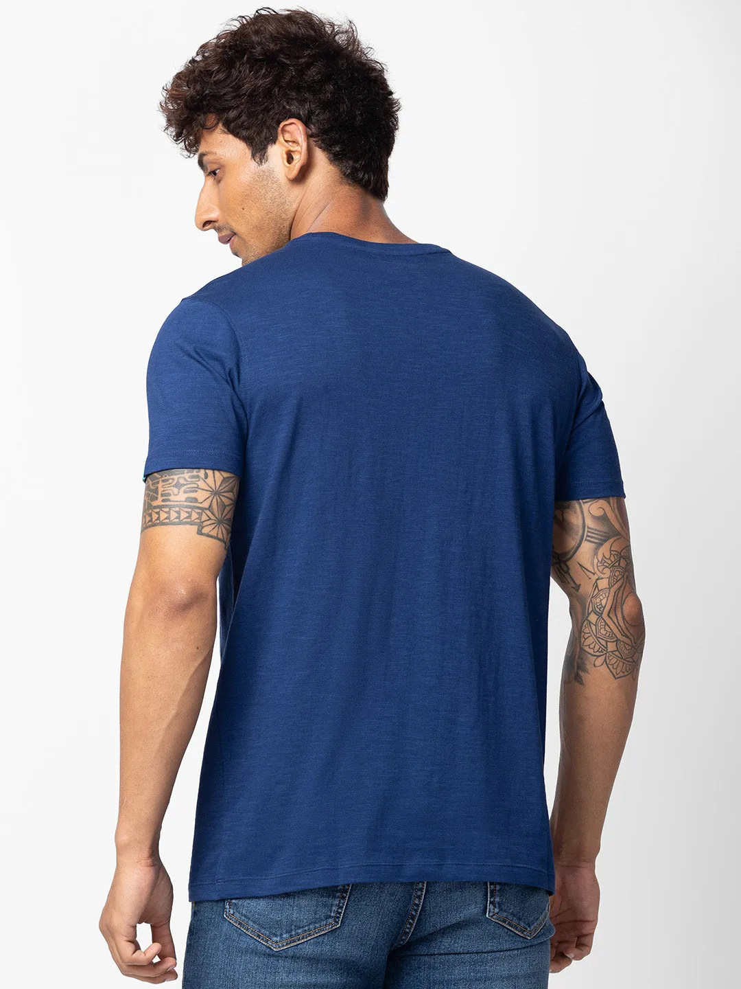 Spykar Men Indigo Blue Cotton Regular Fit Half Sleeve Printed T-Shirt