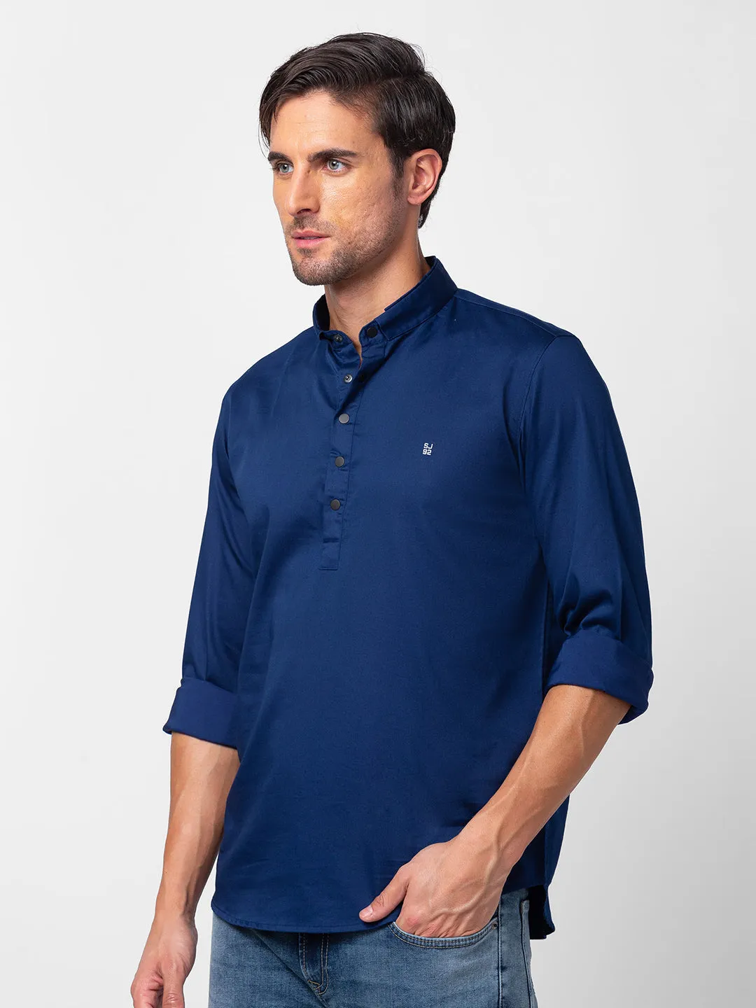 Spykar Men Indigo Blue Cotton Slim Fit M and arin Collar Plain Kurta