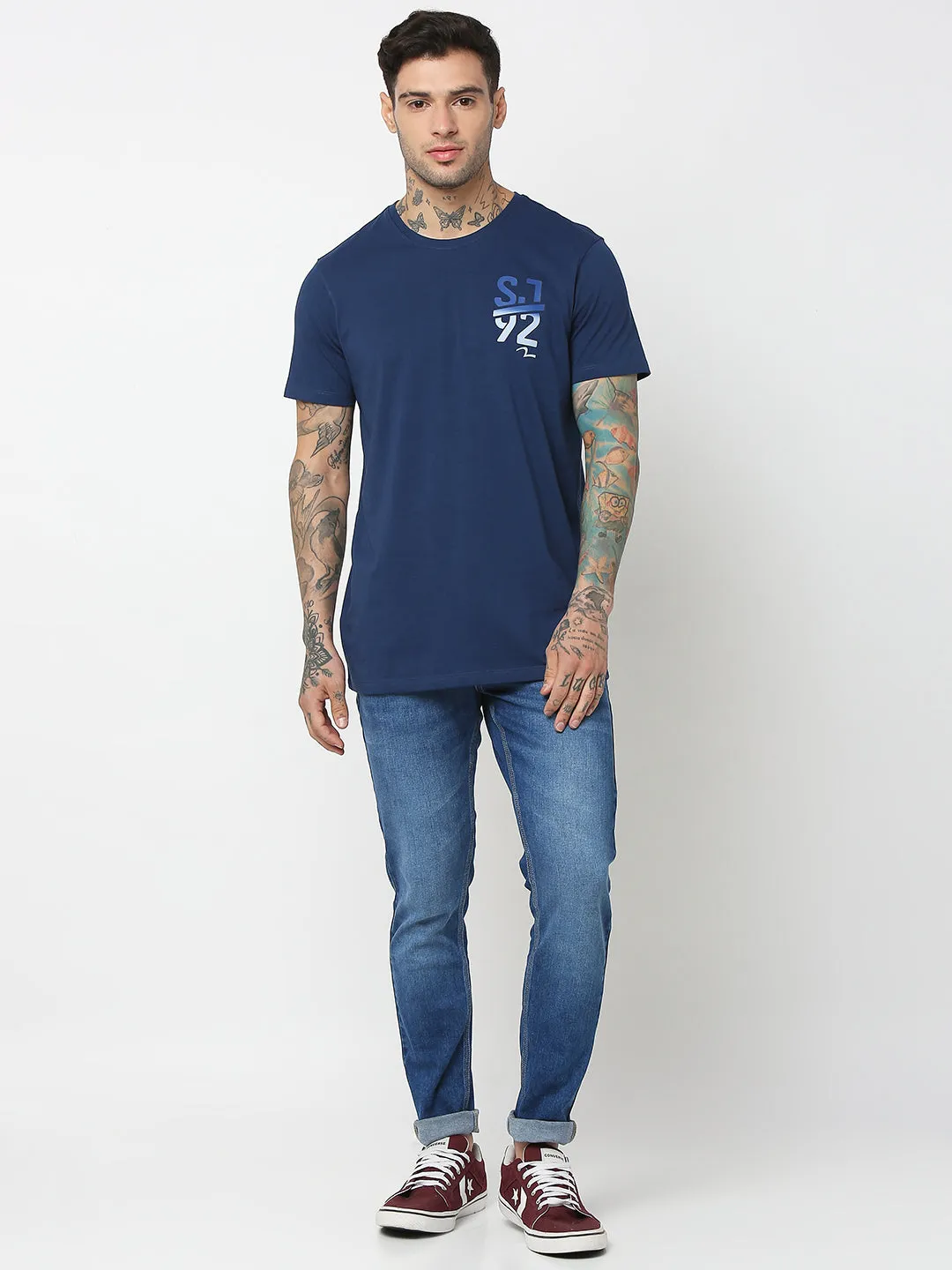 Spykar Men Indigo Blue Cotton Slim Fit Round Neck Plain T-Shirt