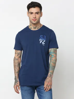 Spykar Men Indigo Blue Cotton Slim Fit Round Neck Plain T-Shirt