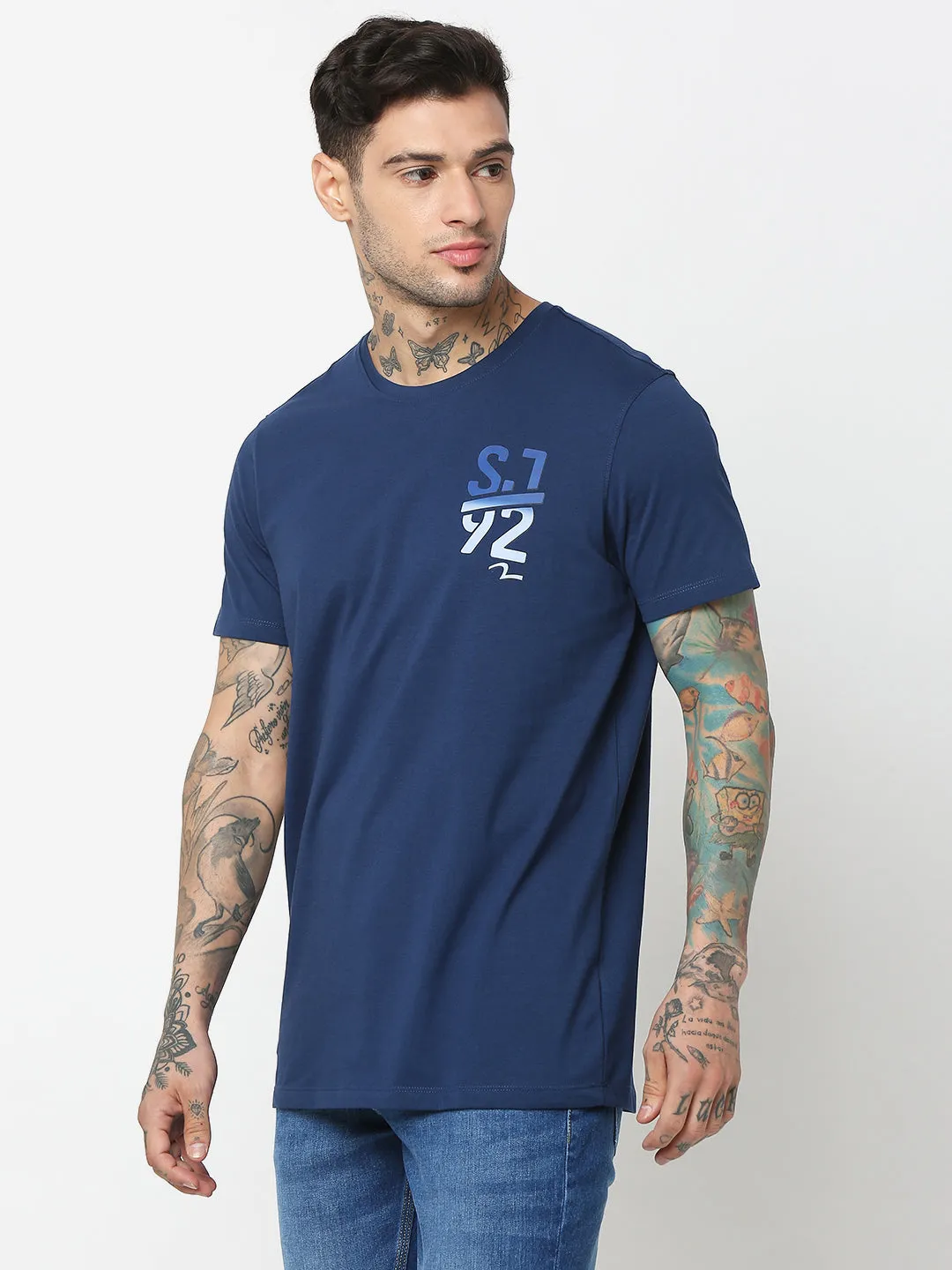 Spykar Men Indigo Blue Cotton Slim Fit Round Neck Plain T-Shirt