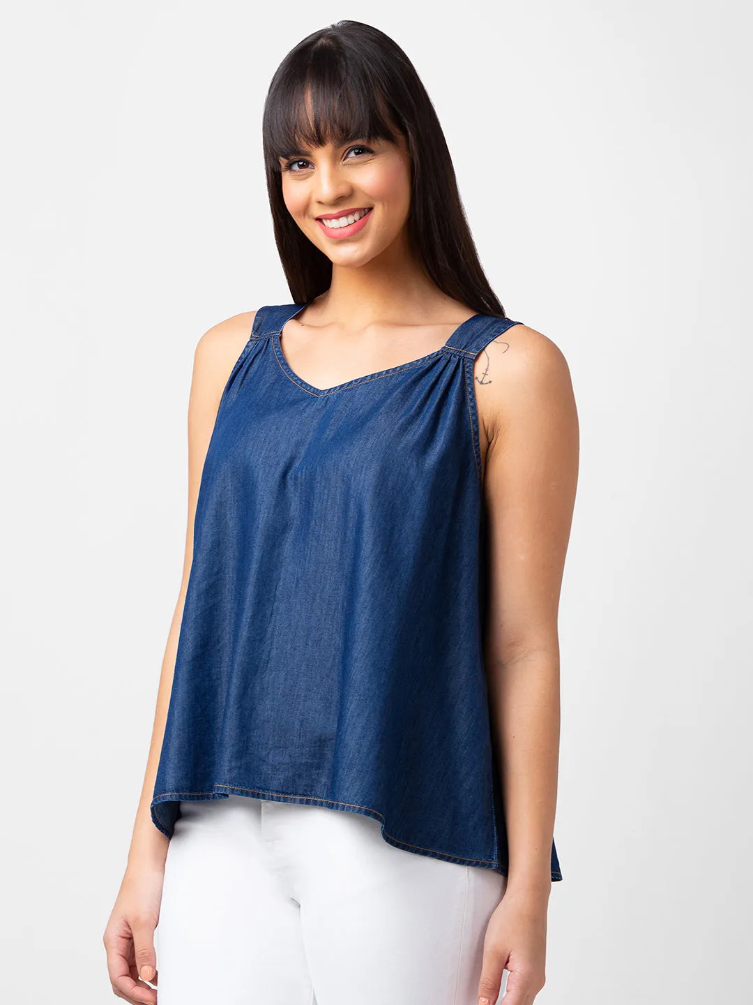 Spykar Women Indigo Blue Cotton Regular Fit Sleeveless Plain Top