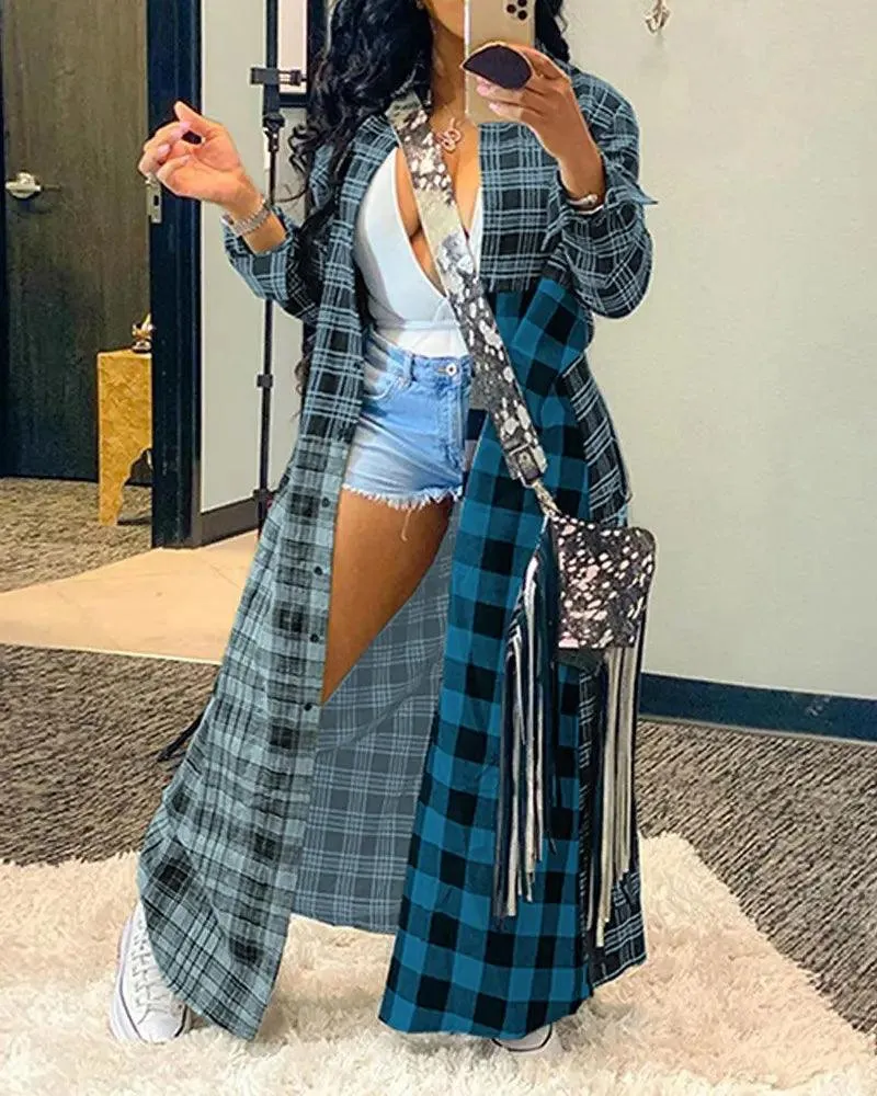 Stylish Casual Long Plaid Coat Shirt - Perfect for Fashion Enthusiasts