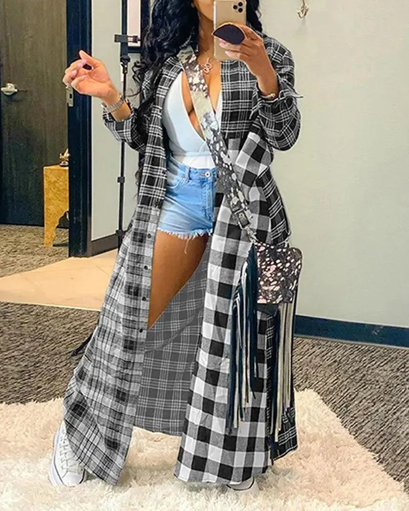 Stylish Casual Long Plaid Coat Shirt - Perfect for Fashion Enthusiasts