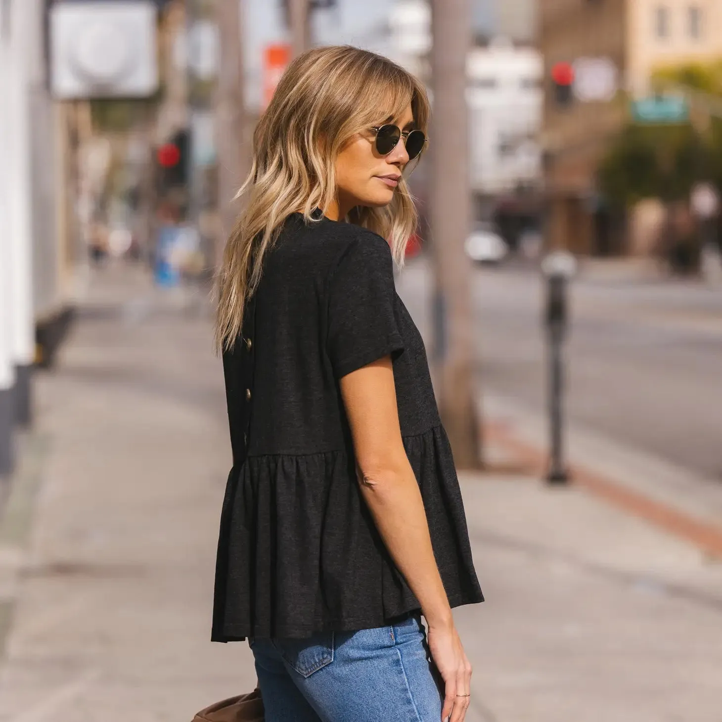 Summer Frills Button Back Black Top