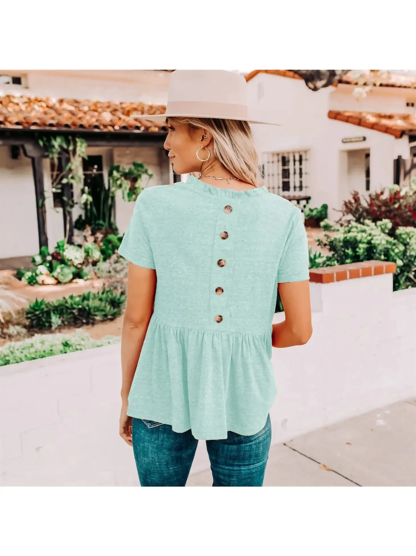 Summer Frills Button Back Blue Top