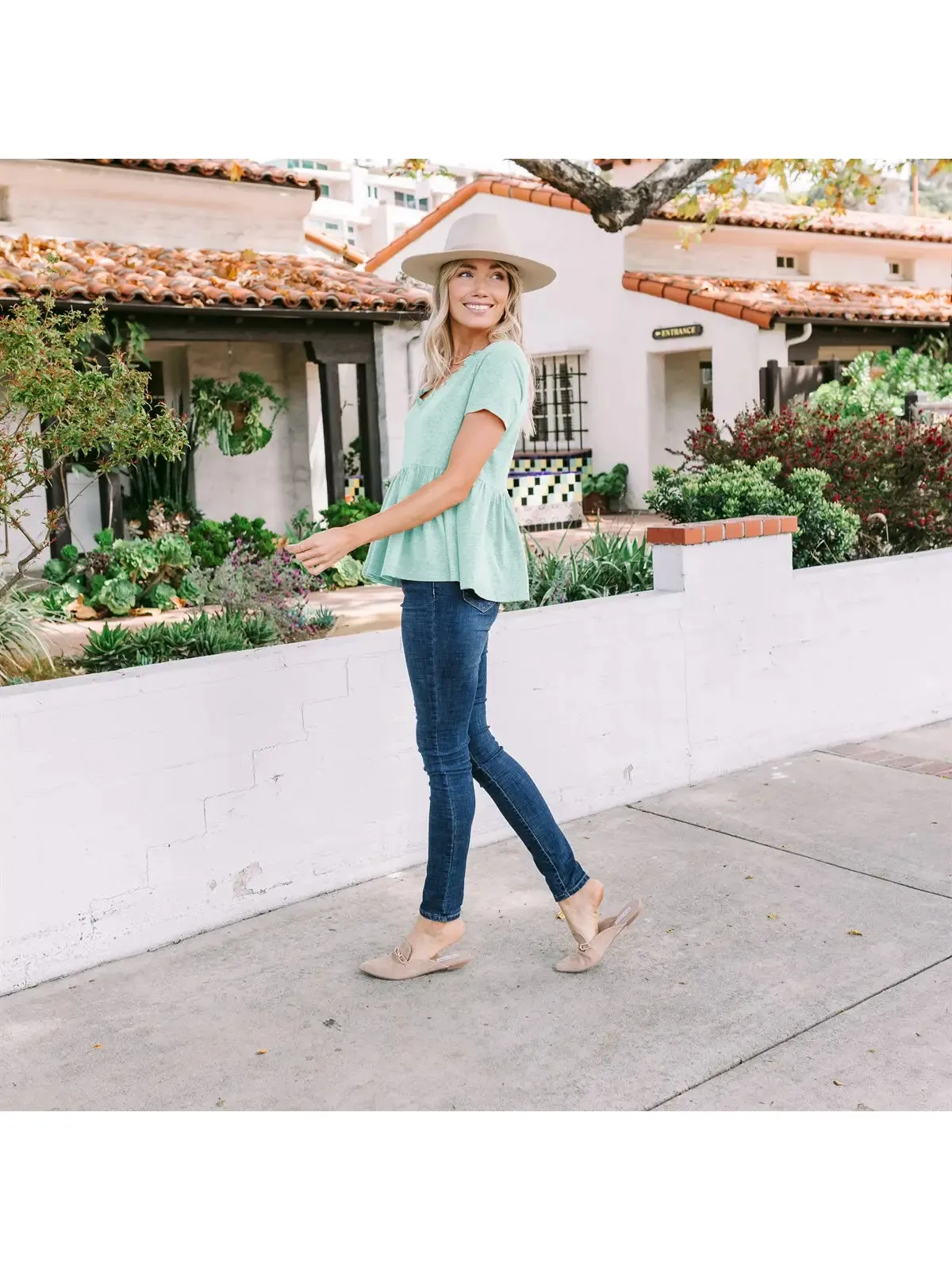 Summer Frills Button Back Blue Top