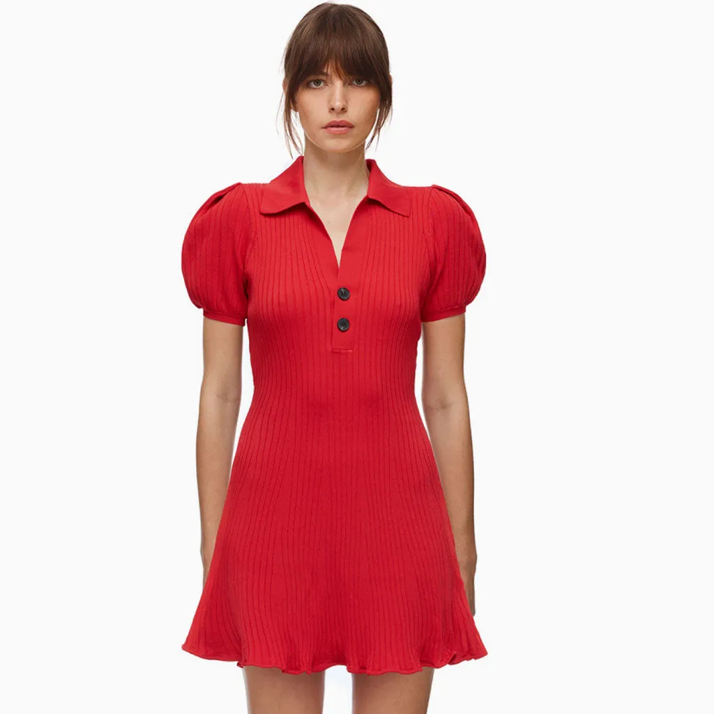 Swingy Collared Puff Sleeve A-Line Rib Knit Sweater Mini Dress - Red