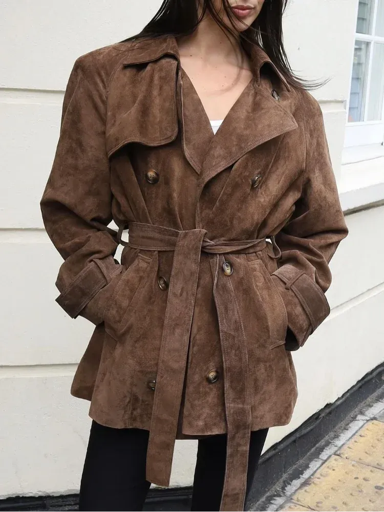 TAVIMART  -  Autumn Fashion Lace Up Lapel Collar Suede Jacket Women Retro Double Breasted Long Sleeve Coat Lady Vintage Chic Windbreaker