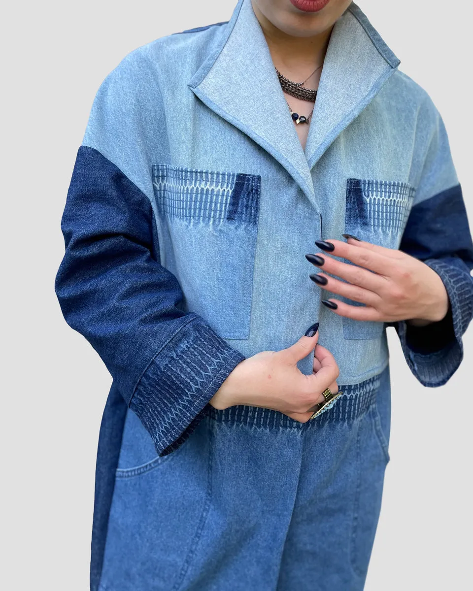 Upcycled Long Denim A-Line Coat