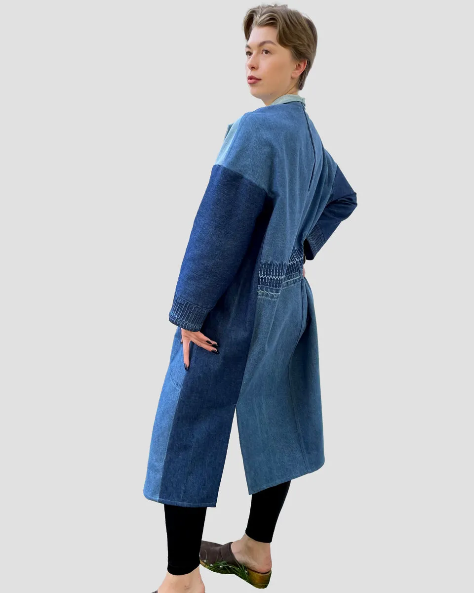 Upcycled Long Denim A-Line Coat