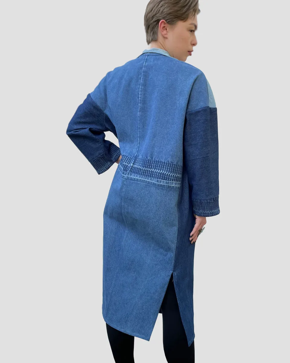 Upcycled Long Denim A-Line Coat