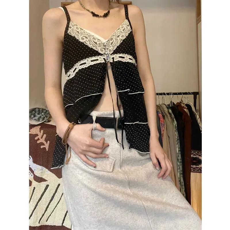 Vintage Black Lace Camis Women Y2k Coquette Aesthetic Kawaii Crop Tank Tops Sexy Japanese 2000s Grunge Harajuku Fashion