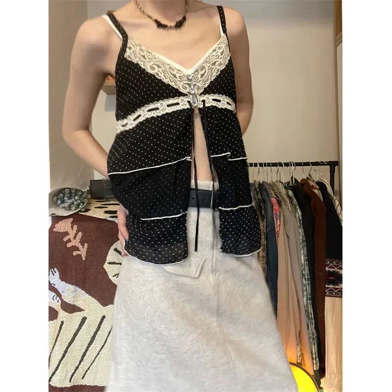 Vintage Black Lace Camis Women Y2k Coquette Aesthetic Kawaii Crop Tank Tops Sexy Japanese 2000s Grunge Harajuku Fashion