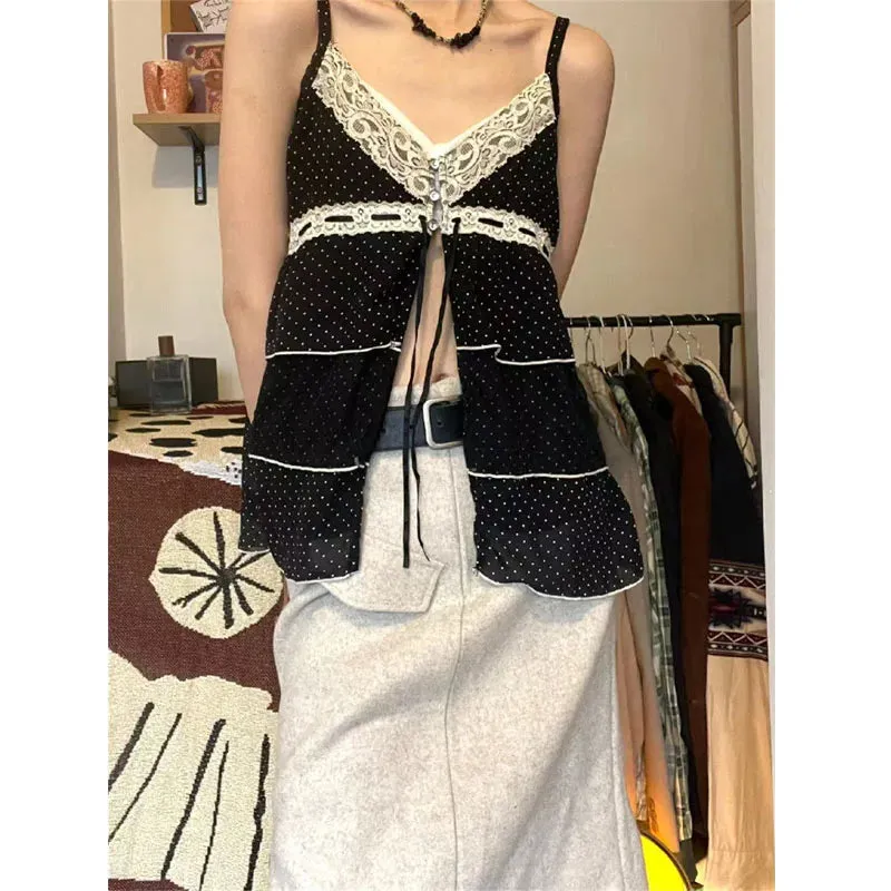 Vintage Black Lace Camis Women Y2k Coquette Aesthetic Kawaii Crop Tank Tops Sexy Japanese 2000s Grunge Harajuku Fashion