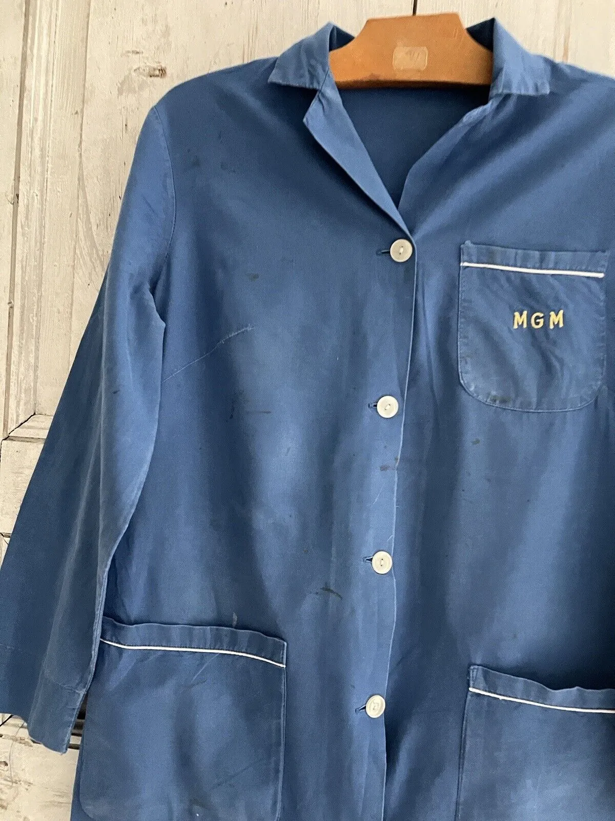 Vintage French INDIGO cotton WORK WEAR APRON  MGM mono c1950