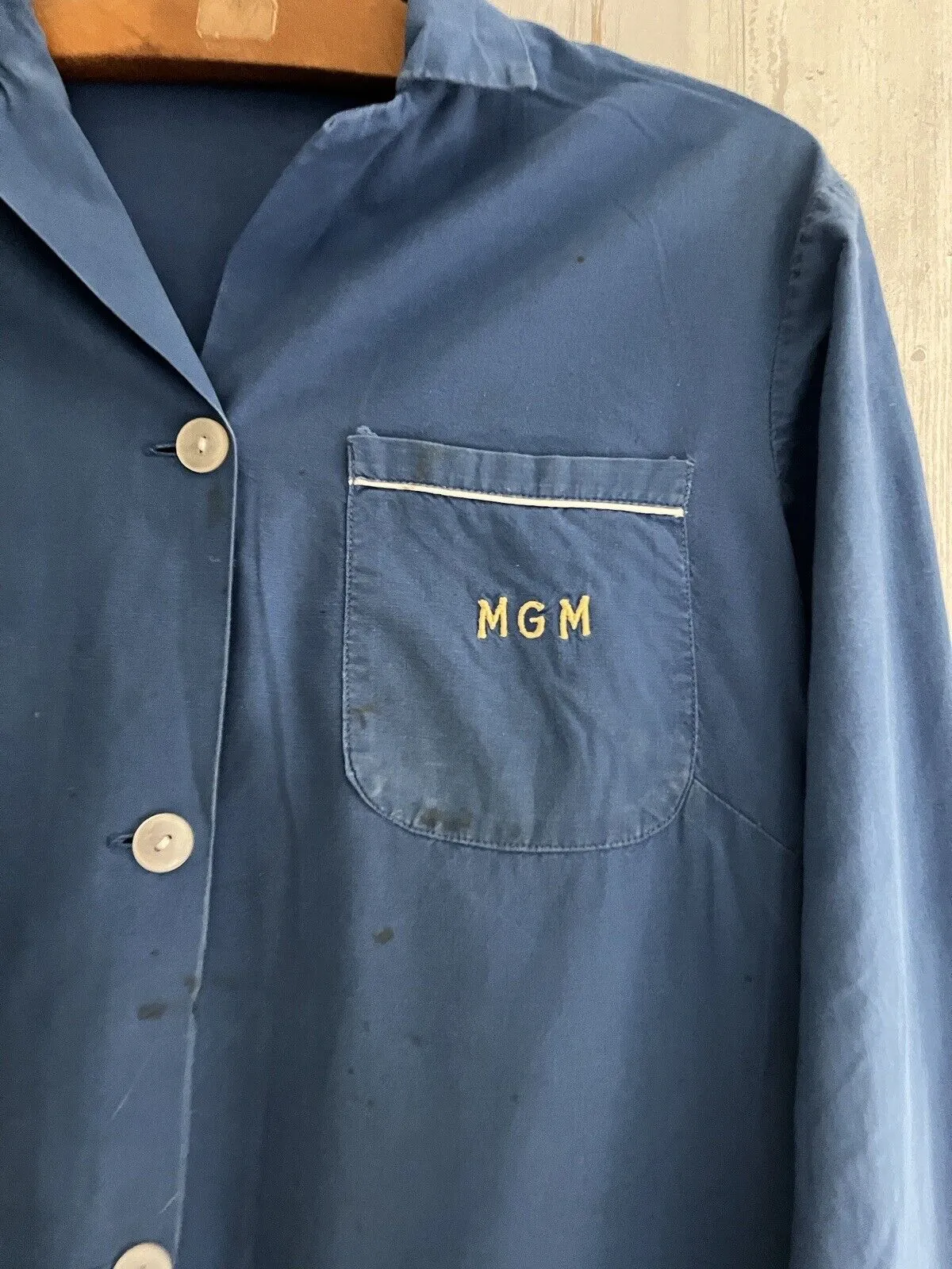 Vintage French INDIGO cotton WORK WEAR APRON  MGM mono c1950