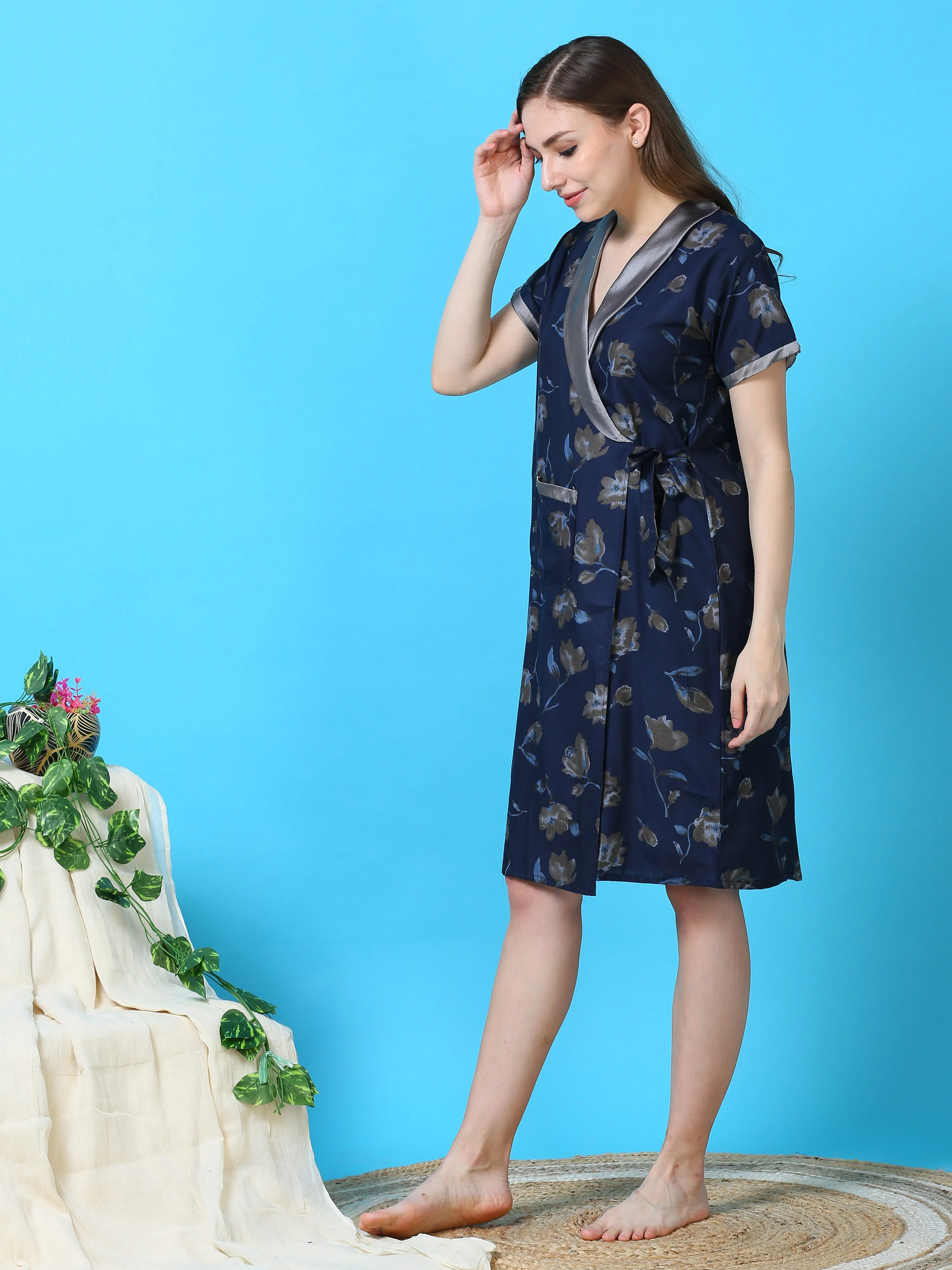 Viscose Blend Knee Length House Coat | Indigo