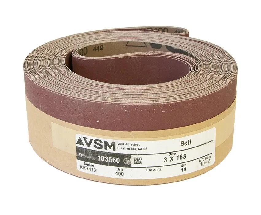 VSM Abrasive Sanding Belts 3" x 168" 400 Grit A/O - SOLD IN NEST OF 10 BELTS