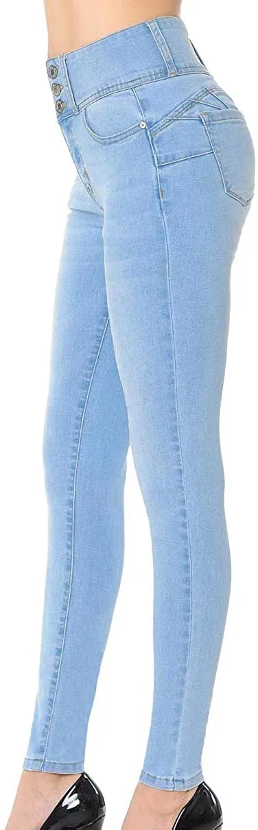 Wax Women's Push-Up High-Rise Skinny Jeans with Multi-Button Waistband