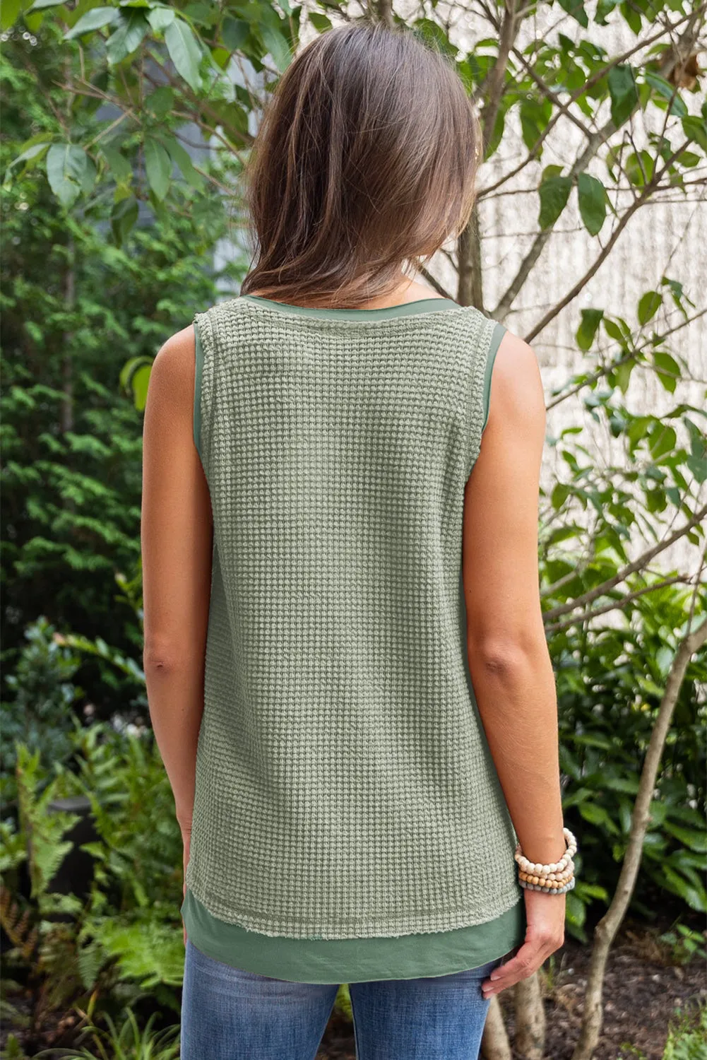 White Scoop Neck Waffle Knit Splicing Flowy Vest