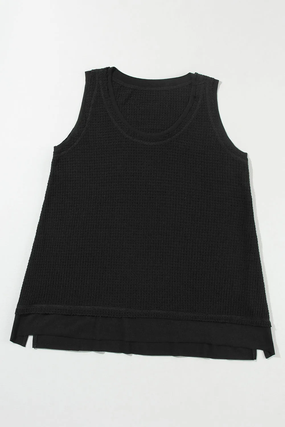 White Scoop Neck Waffle Knit Splicing Flowy Vest