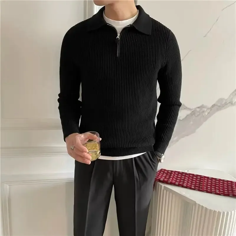 Wiaofellas  -  guys clothing styles Men's Clothing Luxury Knit Pullover Zipper Polo Neck Sweater Leisure Streetwear Popular Retro Solid Color Long Sleeve Knitwear