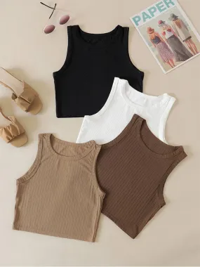 Wjczt Casual Basic Ribbed Knit Crop Top for Women Summer Sleeveless Round Neck Tank Cute Baby Tee Grunge Y2K Korean Fashion Streetwear