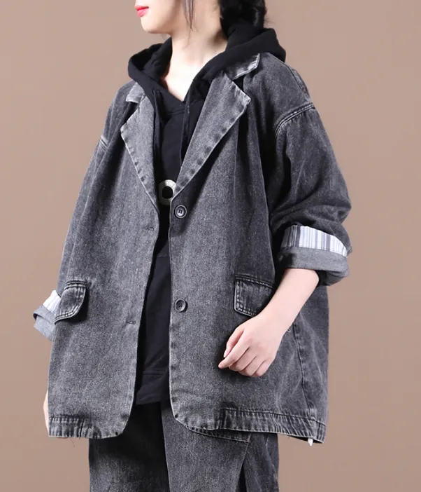 Women Cotton Denim Tops Coat Suit Collar Loose Autumn Spring Outfit H9505