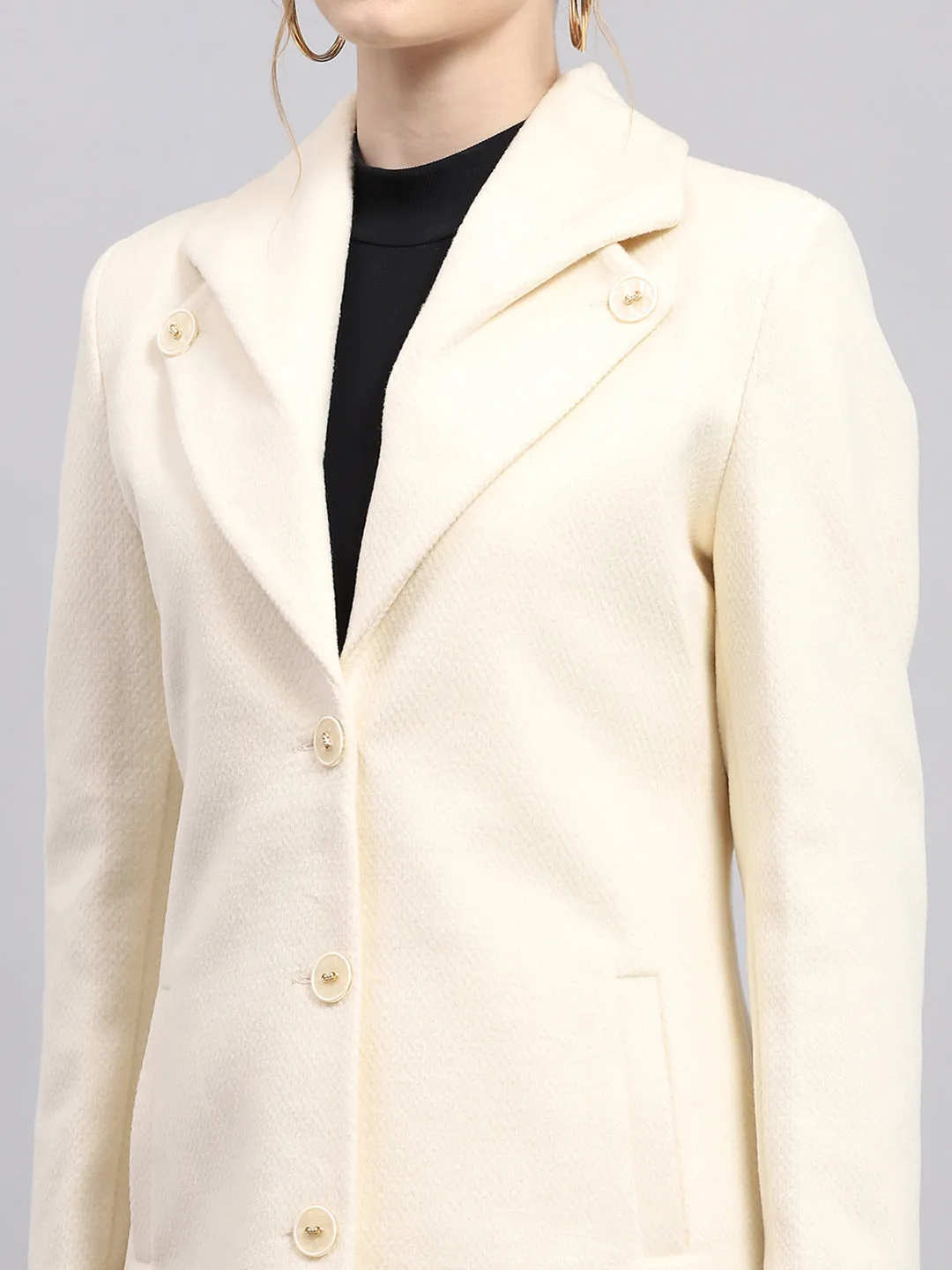 Women Cream Solid Collar Full Sleeve Coat