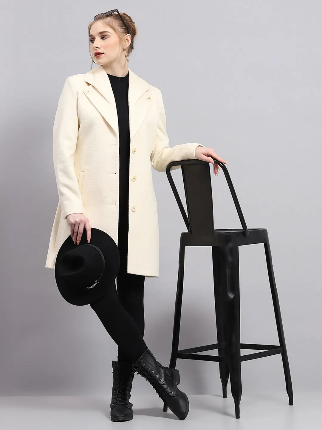 Women Cream Solid Collar Full Sleeve Coat