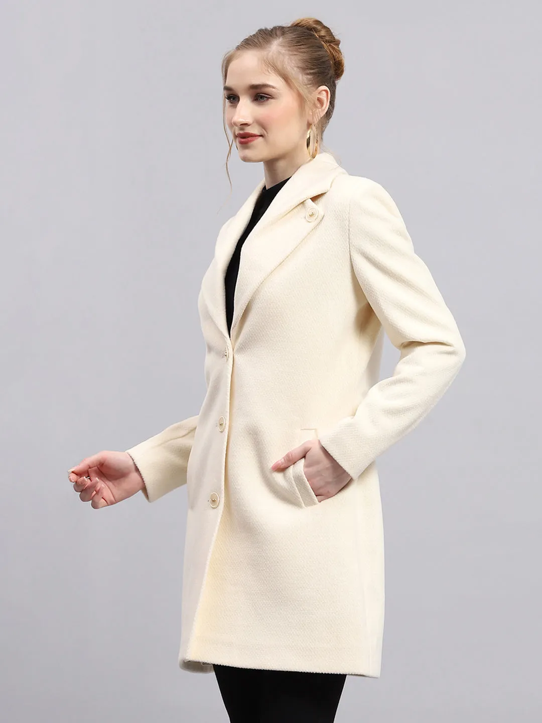 Women Cream Solid Collar Full Sleeve Coat