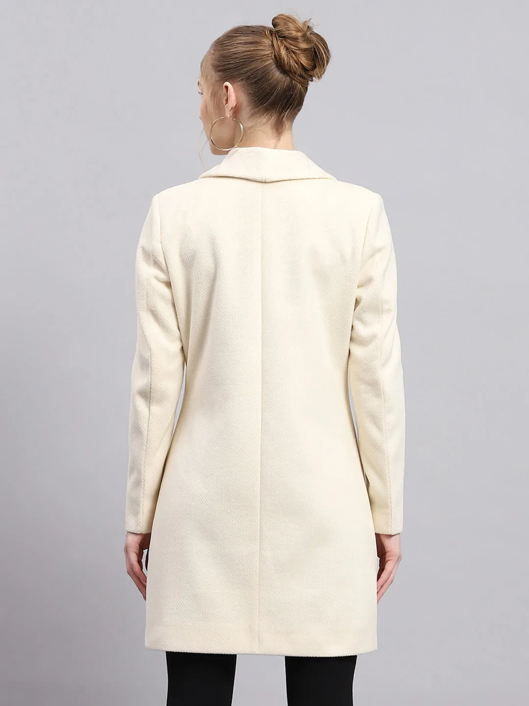 Women Cream Solid Collar Full Sleeve Coat