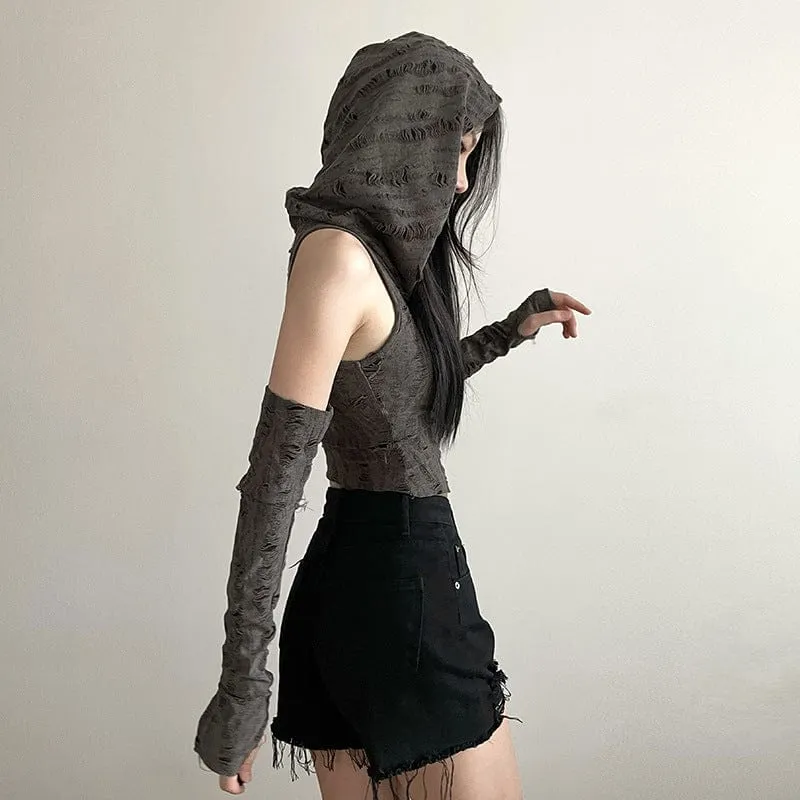 Women's Grunge Ripped Tank Top with Hood and Oversleeves